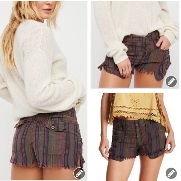 Free People Morning Rain High Waisted Linen Blend Cut Off Frayed Striped Shorts - Picture 1 of 10